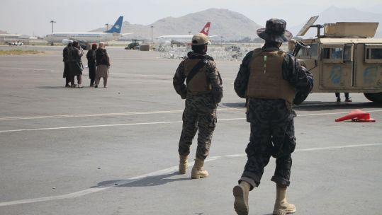 Taliban members at Kabul airport in Afghanistan
