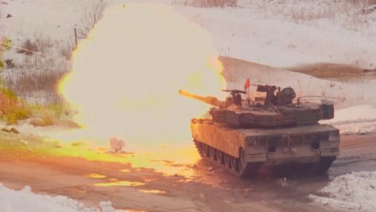 An M1 Abrams opens fire during the joint exercise near the North Korean border (Picture: South Korean Defence Ministry)