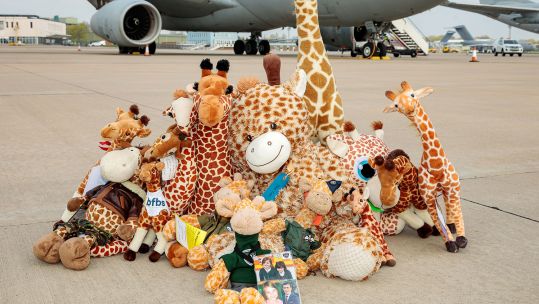 Teddy-giraffes-pose-for-a-photo-in-front-of-an-RAF-Voyager-before-taking-off-on-Flight-Giraffe291-CREDIT-RAF