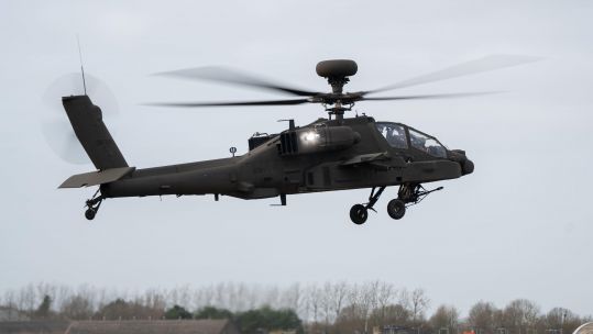 The Army's new Apache AH-64E attack helicopter is displayed at Wattisham Flying Station, Suffolk