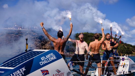 The Guardsmen, Max Lawrence, William Botes, James Tate, and Roland Walker have completed the Talisker Whisky Atlantic Challenge in 39-days (Picture: Talisker Whisky Atlantic Challenge).