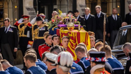 The Bearer Party formed of personnel from The Queen’s Company, 1st Battalion The Grenadier Guards, during the Queen's funeral