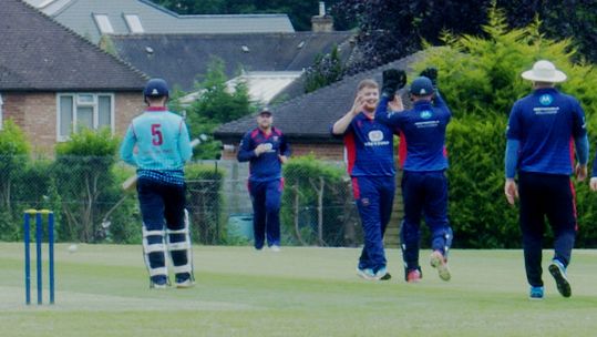 The British Police celebrate taking a wicket on the way to victory over the RAF at Vine Lane