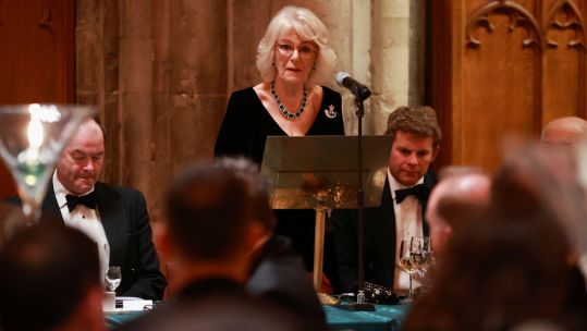 The Duchess of Cornwall delivers a speech during the Rifles Awards Dinner at the City of London Guildhall (Picture: Alamy).