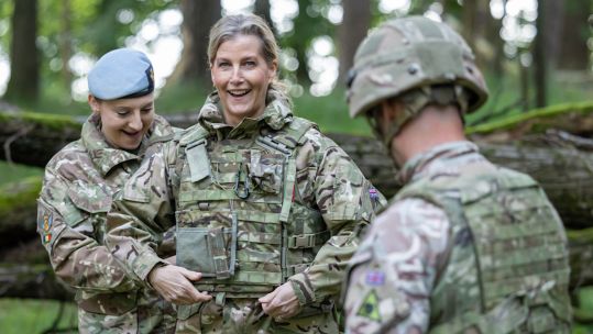 The Duchess of Edinburgh puts on body armour during her visit to Germany 14062024 CREDIT Army MOD