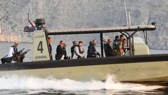 The Duke of Cambridge (seated front) on the water in a Royal Navy of Oman (RNO) vessel during a visit to the Ras Musandam Naval Base (Picture: PA).