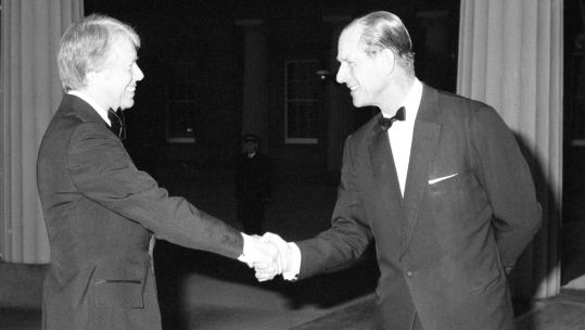 The Duke of Edinburgh greets President Jimmy Carter on his arrival at Buckingham Palace for the Downing Street Summit 070577 CREDIT PA Images Alamy Stock Photo