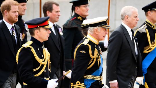 The Duke of Sussex, Peter Phillipsa, King Charles III, the Duke of York and the Earl of Wessex heading to Westminster Abbey for Queen's funeral procession
