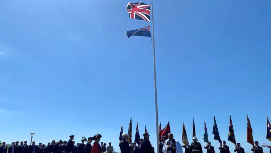 The Falklands flag and the union flag raised in the city to honour the courage and commitment of those who served 14062022 CREDIT BFBS.j