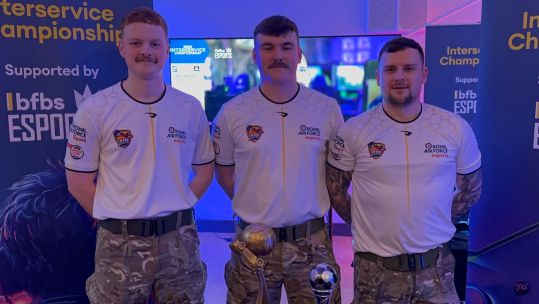 The RAF Stormshadows pose with the Inter Service Rocket League trophy after beating the BAES Falcons