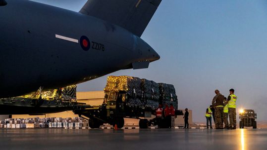 The RAF flight carried 23 tonnes of humanitarian aid including 4500 blankets and 4500 sleeping mats for distribution by the United Nations Relief and Works Agency (Picture: MOD).