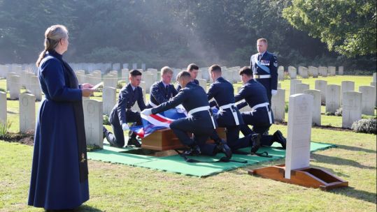 The RAF’s Queen’s Colour Squadron (QCS) remove the Union Flag from Flt Sgt Hurrell’s coffin before laying him to rest (Picture: copyright J.A.M.Y. (Jacqueline) Spijkerman, Senior Communications Advisor, Netherlands Ministry of Defence).