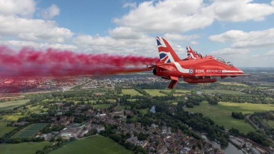 The Red Arrows about to conduct a flypast of Windsor Castle on the occasion of Her Majesty the Queen’s Birthday