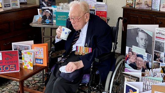 Retired Staff Sergeant Ernest Horsfall turned 105 on 21 April and received over 4,000 birthday cards after an appeal was made by the Royal British Legion (Picture: Royal British Legion). 