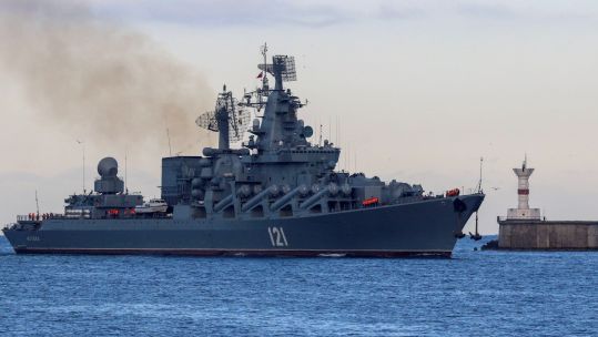 A library image of the Russian Navy's guided missile cruiser Moskva sailing back into a harbour after tracking NATO warships in the Black Sea (Picture: REUTERS/Alexey Pavlishak/Alamy Stock Photo).
