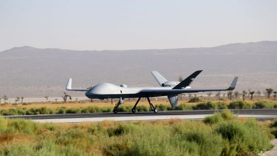 The UK's first Protector aircraft on the runway in the US during its maiden flight 280920 CREDIT RAF