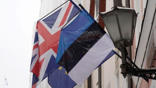 The Union Jack, EU flag and Estonian flag alongside each other in Tallinn, the capital city of Estonia 160222 CREDIT BFBS.jpg