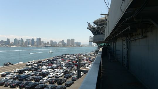 The aircraft carrier USS Theodore Roosevelt (CVN 71) departs San Diego Bay