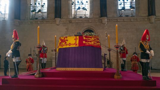 The Queen's coffin lying in state at Westminster Hall
