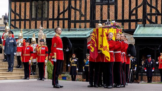 	The coffin of Her Majesty Queen Elizabeth II, is seen here entering St George VI Chapel at Windsor Castle