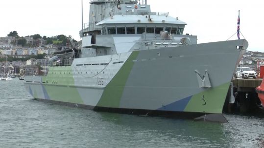 The exterior of HMS Severn painted in the Western Approaches scheme as she awaits recommissioning to the fleet.