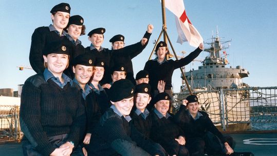 The first female personnel to serve at sea on HMS Brilliant in 1990