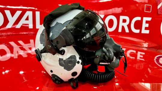 The helmet of Red 6 following a bird strike that smashed a Red Arrows' cockpit canopy 