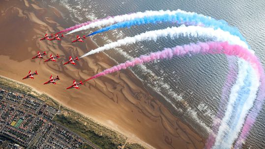 The moment the Red Arrows break to land at Blackpool airport in preparation for the Blackpool Airshow. Red Arrows transit to Blackpool for a weekend of public displays (Picture: MOD)