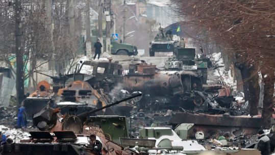 The remnants of destroyed armoured vehicles in Bucha
