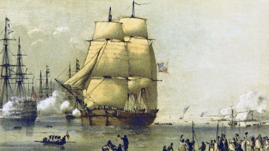 The repaired Arctic exploration ship HMS Resolute enters Portsmouth Harbour in 1857 (Picture: Alamy).