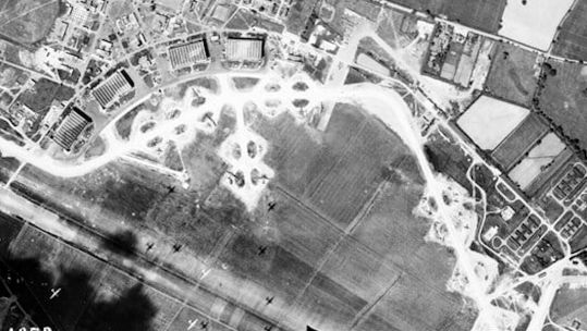 The shadows of USAAF bomber aircraft in flight dot the fields at RAF Watton (USAAF Station 376), Norfolk