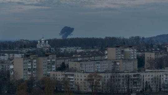 The smoke rises from the hit of missile strike in Lviv, western Ukraine, during a massive missile attack