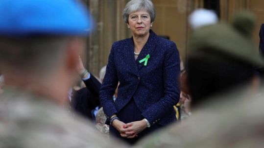 Theresa May greeting troops at parliament