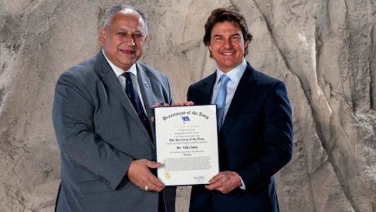 Tom Cruise was awarded the Distinguished Service Medal by the Secretary of the US Navy (Picture: US DoD)