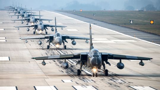 Tornado GR4s take part in the nine-ship farewell flypast over Marham and Cranwell