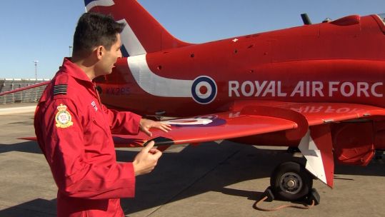 Tour of Red Arrows jet by Wing Commander David Montenegro, Officer Commanding of the Red Arrows 141022 CREDIT BFBS