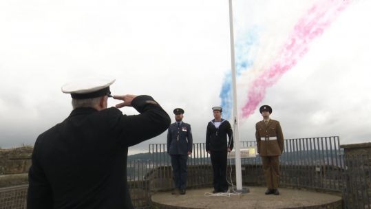 Tri service officials at Scarborough Armed Forces Day flypast flag raise event
