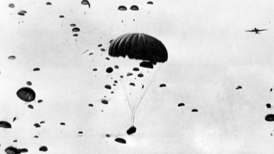 Troops parachute from the sky in Operation Market Garden