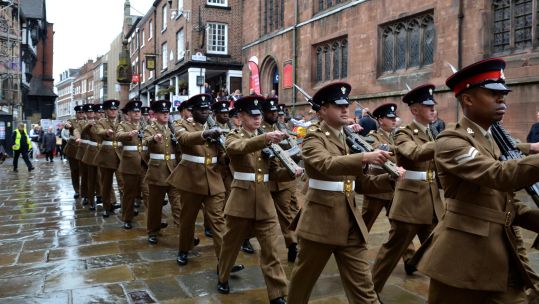 Troops taking part in 1 Mercian's first parades since the merging of 1st and 2nd Battalion