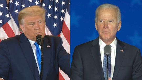 Trump and Biden speeches on US Election night during results unveiling 