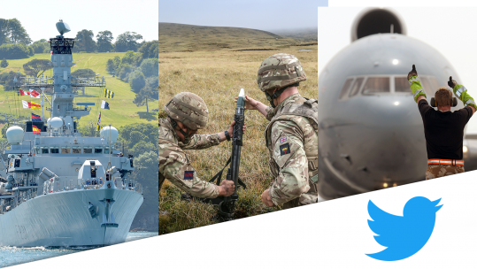 Collage of three Services featuring HMS Argyll, British Army soldiers shooting a mortar, and RAF groundcrew