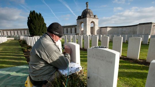 Tyne Cot Commonwealth War Graves Cemetery and Memorial to the Missing Headstone Being Engraved Credit Commonwealth War Graves Commission