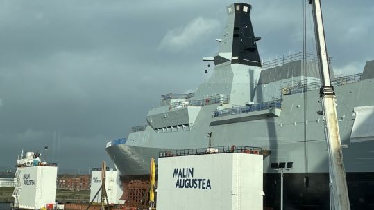 Type 26 City Class frigate, HMS GLASGOW, has begun the float off process 25112022 CREDIT BFBS
