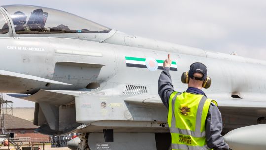 Typhoons, with the new 12 Squadron markings, fly for the first time at RAF Coningsby