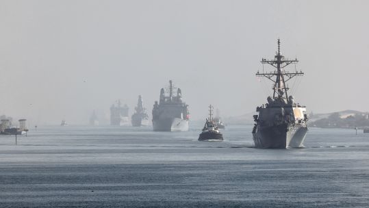 UK Carrier Strike Group Phase 2 in convoy as they transit through the Suez Canal. HMS Queen Elizabeth transits in the convoy