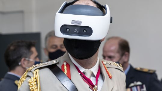 UK Strategic Command General Sir Patrick Sanders KCB CBE DSO ADC Gen is seen here wearing a virtual reality head set at the newly established UK Space Command at RAF High Wycombe