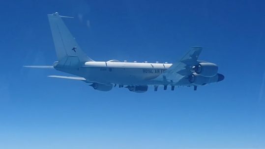 RAF RC-135W Rivet Joint aircraft and its two Typhoon escorts flew close to the border of Russian airspace (Picture: Russian MOD).