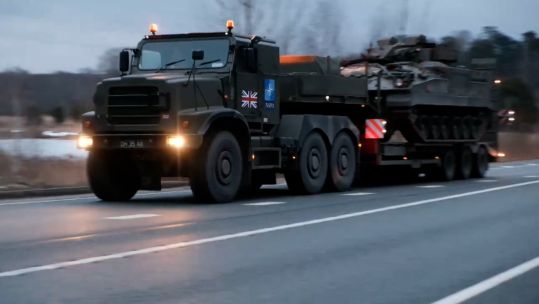 UK military vehicles move towards Estonia as Russia continues to attack Ukraine.