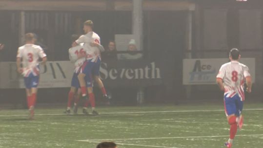 UKAF men celebrate Elliot Holmes goal v Irish Defence Forces in Lisburn