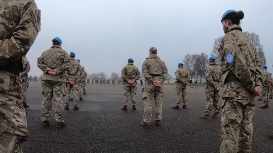 UN Beret Parade after predeployment training 6 Royal Logistic Corps Op Tosca 05032021 CREDIT BFBS